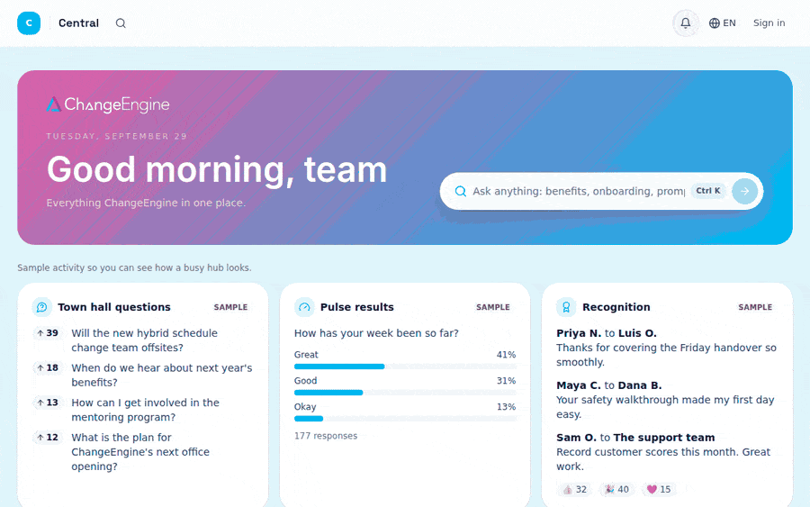 Scrolling capture of a ChangeEngine AI native intranet hub showing news, announcements and team resources